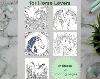 May include: A coloring book titled "Coloring Pages for Horse Lovers" featuring detailed illustrations of unicorns. The book includes 20 coloring pages. The images are black and white line drawings of unicorns in various settings.