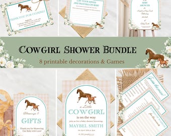 May include: A Cowgirl Shower Bundle featuring printable decorations and games. The design includes a horse and foal, floral accents, and text such as "Thank You For Coming!" and "A Little Cowgirl is on the Way." The bundle includes invitations, signs, and games.