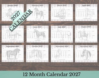 May include: A 2027 calendar featuring twelve monthly pages, each displaying a grid for dates and a faint illustration of a horse. The pages are arranged in a grid layout, and a diagonal banner across the top left reads 2027 CALENDAR.
