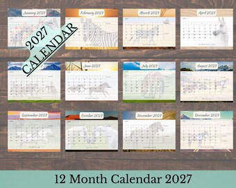May include: A 2027 wall calendar featuring twelve monthly pages, each displaying a grid for dates and a background image of horses or zebras in various landscapes. The text 2027 CALENDAR is printed diagonally across the top left, with 12 Month Calendar 2027 at the bottom. Each month is labeled from January 2027 through December 2027.