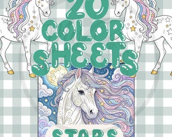 Horse and Unicorn Coloring Pages Printable Star Pattern Fantasy Horses Coloring Sheets for Kids and Adults Digital Download Art Activity