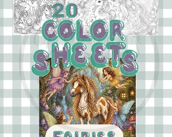 May include: A collection of 20 color sheets featuring illustrations of fairies and horses. The top section displays black and white line art, while the bottom section shows a vibrant, full-color scene of fairies and a brown and white horse.