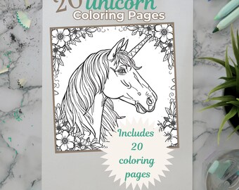 May include: A coloring book with a unicorn design. The cover reads "20 Unicorn Coloring Pages" in green and brown text. The image includes a detailed black and white illustration of a unicorn's head surrounded by flowers. The book includes 20 coloring pages.