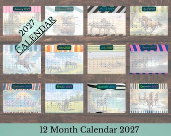 May include: A 2027 wall calendar featuring twelve monthly pages, each displaying a grid for dates and a unique illustration of zebras in various natural settings. The pages are decorated with colorful striped borders and include the text 2027 CALENDAR.