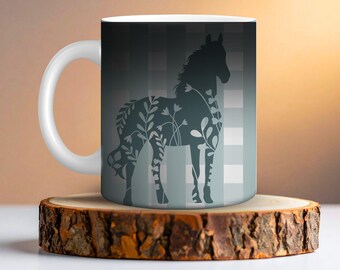 Coffee Mug Gift For Horse Lover Color Changing Cup Floral Gingham Design Outline Pattern Rustic Farmhouse Kitchen Decor