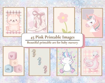 May include: A set of framed pink printable images for a baby nursery. The images include a kitten, cowboy boots, a flower, a unicorn, building blocks, seahorses, a unicorn, and a duck. Text on the image reads "45 Pink Printable Images Beautiful printable art for baby nursery."