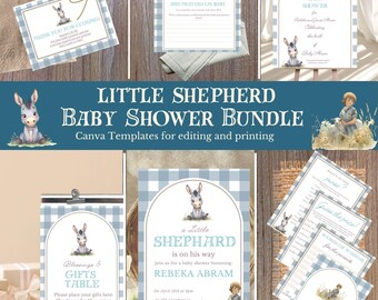 May include: A baby shower bundle with a blue and white gingham pattern. The bundle includes invitations, games, and signage. The text includes "Little Shepherd Baby Shower Bundle" and "Thank You For Coming!"