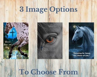 May include: Three image options featuring horses. One shows a spotted horse with a cross, the text "Hooves, Hope, and Him." Another is a close-up of a horse's eye with the text "Where horses are, his peace follows." The third shows a white horse in water with the text "Thirsting for Jesus, the Water of Life."