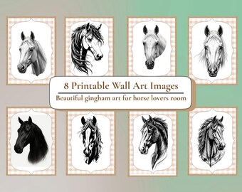 May include: Eight printable wall art images featuring detailed horse portraits in black and white. Each image is framed with a decorative border and set against a gingham patterned background. The text reads "Beautiful gingham art for horse lovers room."