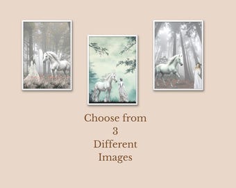 May include: Three framed art prints featuring white horses and figures in ethereal forest settings. The prints are in white frames and the text below reads "Choose from 3 Different Images". The images have a fantasy theme.