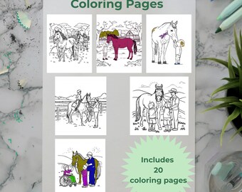 May include: A collection of "Equine-Assisted Coloring Pages" featuring various scenes of horses with people. The pages are black and white line drawings, ready for coloring. The cover text states "Includes 20 coloring pages".