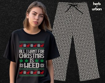 Matching Stoner Christmas Pajama Set, Xmas Weed Adult Pajamas, Gift for Marijuana Lovers, Funny 420 Holiday PJs Pants, Stoner Babe Jammies