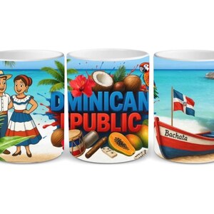 Dominican Republic Mug – Colorful Beach Design, Bachata Boat, Tropical Fruits, Caribbean Culture Gift