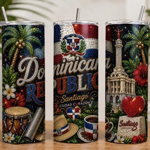 May include: Three cylindrical tumblers with metal straws featuring a Dominican Republic theme. Designs include the national flag, the Monumento a los Héroes de la Restauración in Santiago, palm trees, a drum, a güira, a straw hat, and coffee.