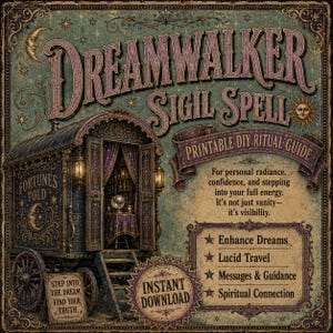 May include: A digital print featuring a vintage wagon with the text DREAMWALKER SIGIL SPELL PRINTABLE DIY RITUAL GUIDE. It includes the phrases FORTUNES TOLD, STEP INTO THE DREAM, FIND YOUR TRUTH, and lists benefits like Enhance Dreams and Lucid Travel.