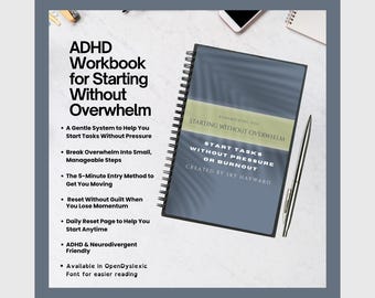 以下が含まれることがあります： 「ADHD Workbook for Starting Without Overwhelm」と題された、スパイラル綴じの濃い青色のワークブック。表紙には白い文字と緑色のバナーがあります。ワークブックは、タスクを管理し、燃え尽き症候群を軽減する方法を提供します。ペンと電話が見えます。