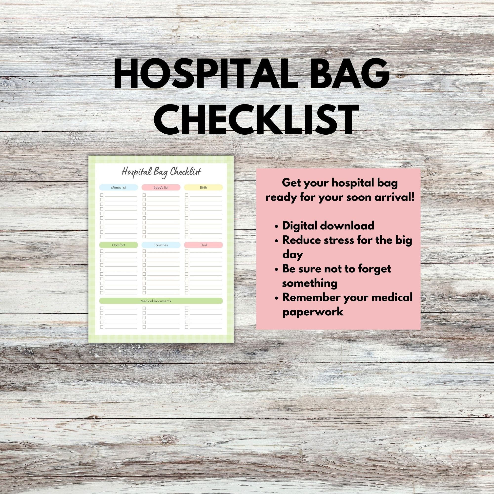 Hospital Bag Checklist Printable, Hospital Bag Essentials, Hospital Bag