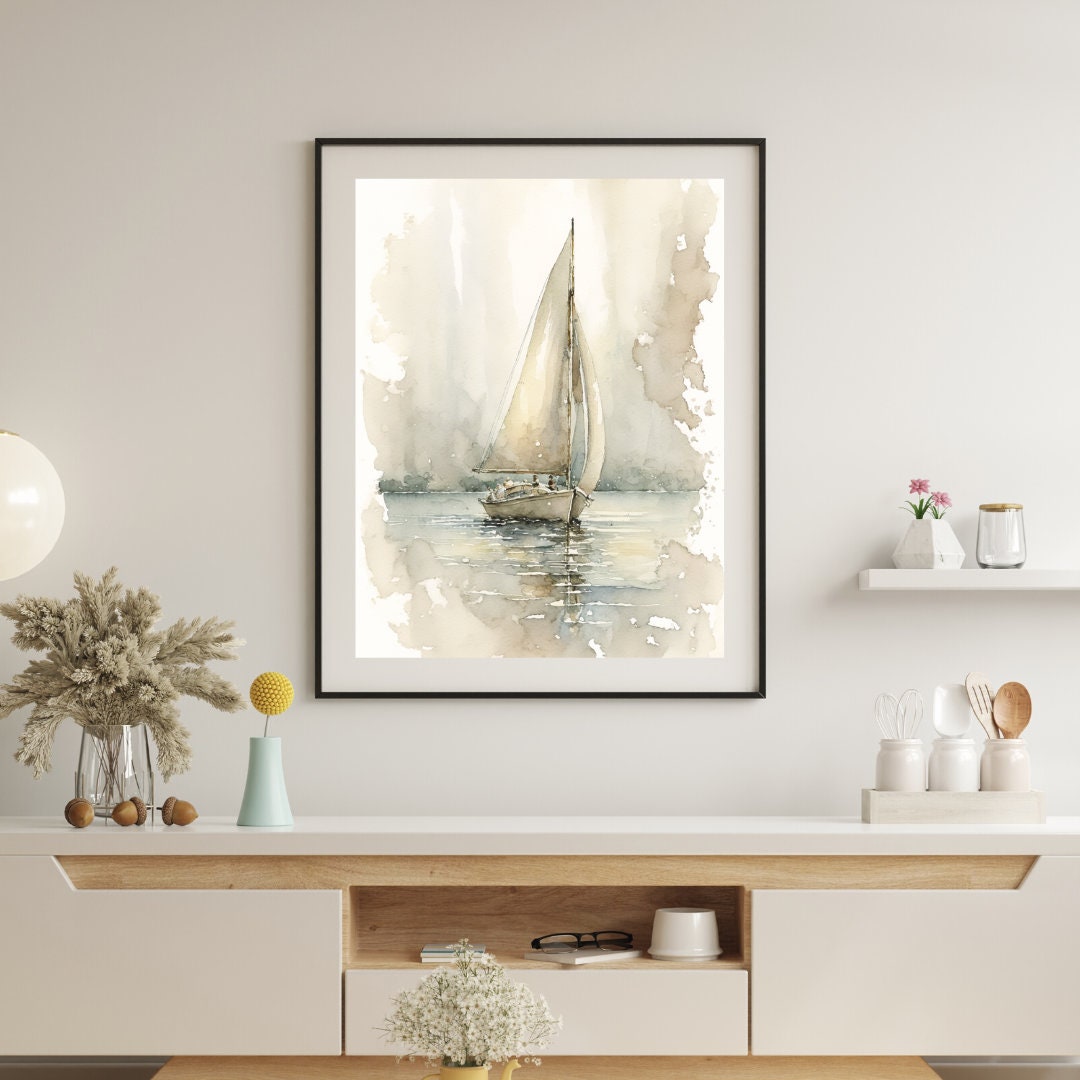 Digital Art Download Sailboat Watercolor Neutral Home Decor Printable ...