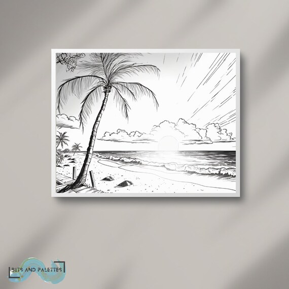 Beach Sunset Black And White Drawing