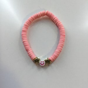 preppy pink mixture clay bead bracelet with smilie charm