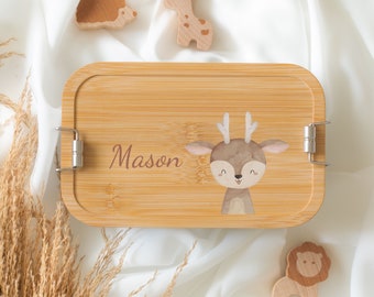 Personalized kid's lunch box with dual-latch, custom wood and stainless steel snack box with name engraving, cute lunch box gift for kids