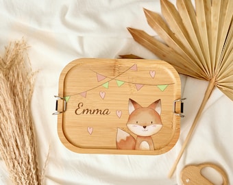 Personalized kid's lunch box for child, custom wood and stainless steel snack box with name engraving, cute animal lunch box gift for kids