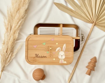 Personalized kid's lunch box with dual-latch, custom wood and stainless steel snack box with name engraving, cute lunch box gift for kids