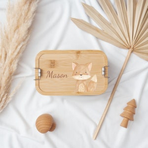 Personalized kid's lunch box with dual-latch custom wood Fox