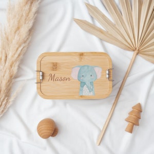 Personalized kid's lunch box with dual-latch custom wood Elephant