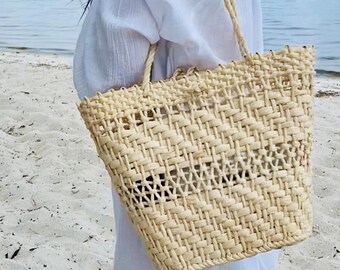 Bolso de mano artesanal de hojas de maíz: bolso de playa de paja tejida