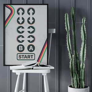 May include: A retro-style poster with a black frame featuring a white background with black and green directional arrows, the letters "B" and "A", and the word "START" in black text. The poster has a colorful stripe design on the right side.