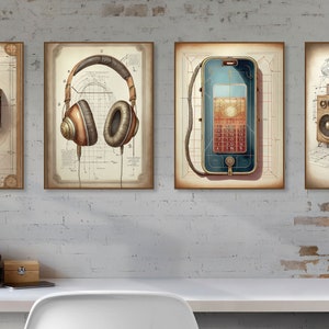 May include: Four vintage-inspired illustrations of a camera, headphones, a smartphone, and a boombox. Each illustration is framed in a brown wood frame and set against a white brick wall background.