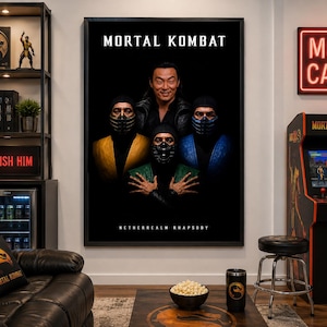 May include: A rectangular framed wall poster featuring the text MORTAL KOMBAT at the top and NETHERREALM RHAPSODY at the bottom. The artwork displays four characters from the franchise, including one in yellow, one in blue, and one in green.