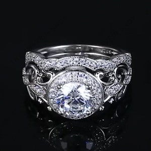 Art Deco Wedding Ring Set with Matching Band, Bridal Ring Set in Moissanite Diamond, Round Halo Engagement and Anniversary Ring for Women