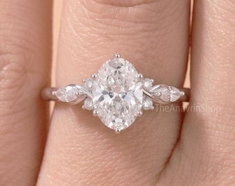 Anello di fidanzamento ovale con moissanite, motivo floreale a vite intrecciata, argento, stile Art Déco, regalo di promessa nuziale.
