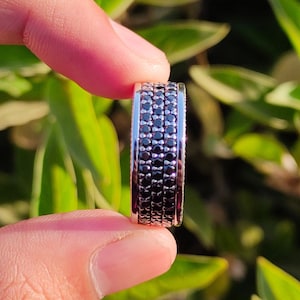8.50mm Black Moissanite Mens Band, Black Diamond Full Eternity Band, Mens 3 Row Pave Wedding Band, Anniversary Rings, Silver Engagement Band