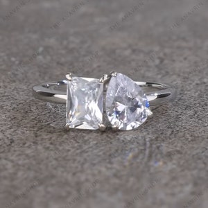 Moissanite Toi Et Moi Ring, Two Stone Engagement Ring, Radiant Cut And Pear Shaped Double Stone Ring, Silver You And Me Ring, Promise Ring