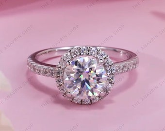 Anillo de compromiso con halo de moissanita, anillo de plata de ley 925 estilo Art Déco