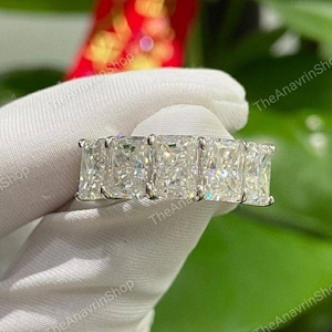 5 Stone Anniversary Ring, Five Stone Radiant Cut Ring, Moissanite Wedding Band Women, 925 Silver Anniversary Bands, Promise Ring For Her