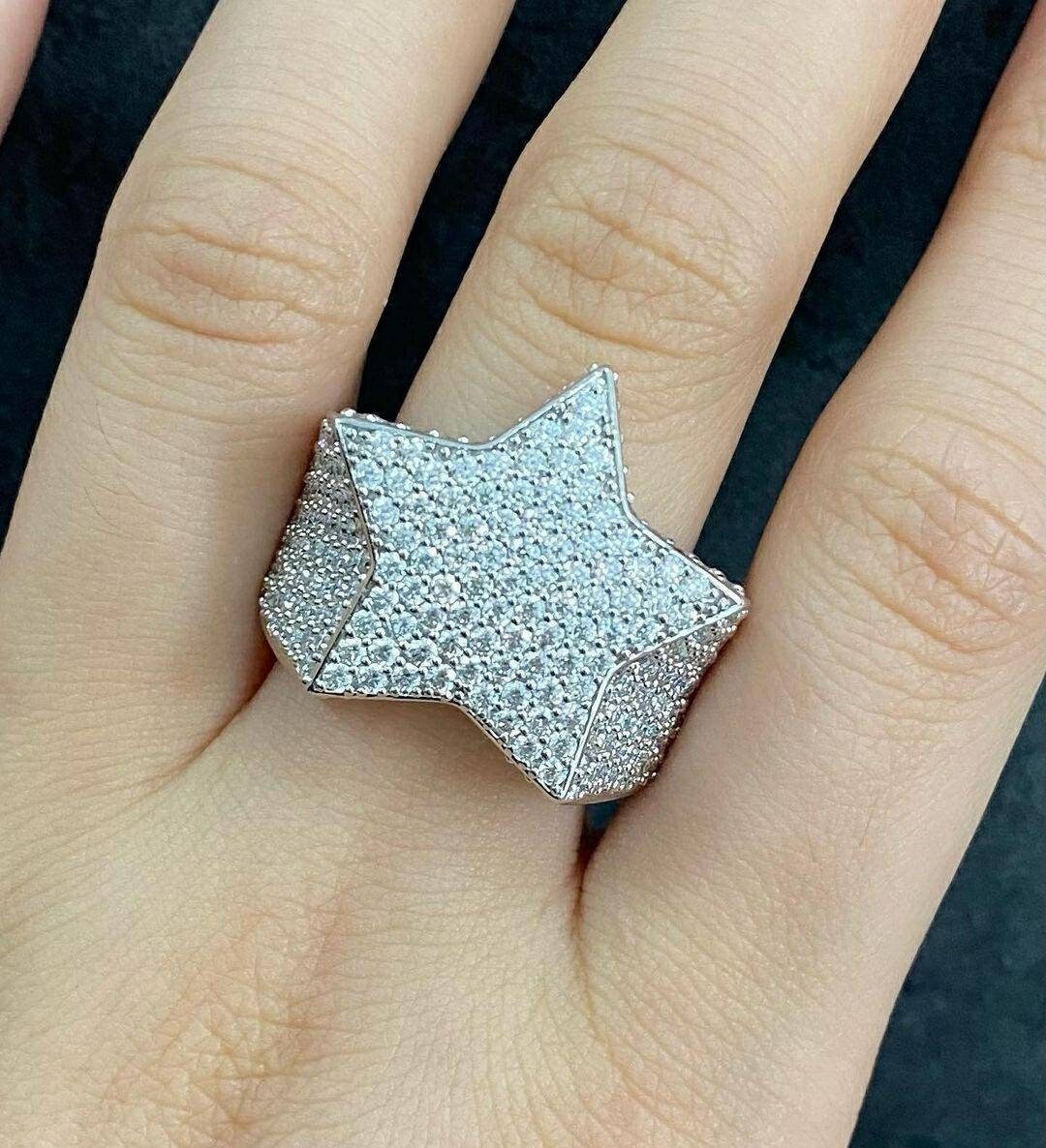 Echter 925er Sterlingsilber Eisbaguette Sternförmiger Ring Hip Hop Out