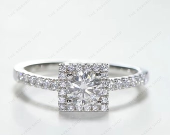 Bague halo en moissanite forme carrée Artdeco, bague de fiançailles halo coupe ronde, alliance pour femme, bague de promesse pour elle, bague halo carrée