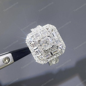 Art Deco Engagement Ring Women, Vintage Inspired Ring, Unique Cushion Cut Moissanite Ring, Cluster Baguette Ring Cocktail Style Ring Silver