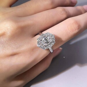 Art Deco Oval Moissanit Ring, Vintage inspirierter Ring, Halo Verlobungsring, 925 Silber Versprechen Ringe für Frauen, Einzigartiger Jubiläumsring