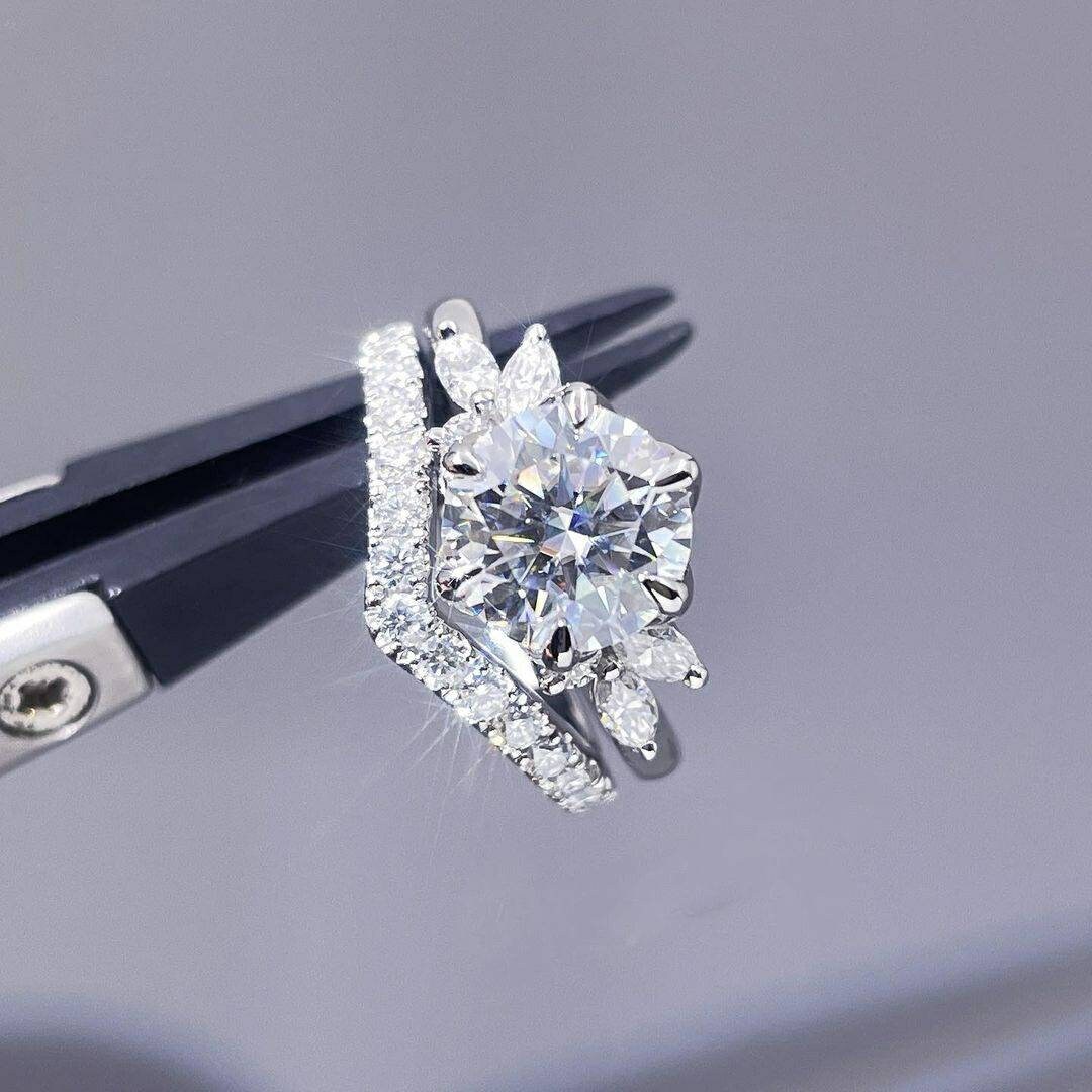 Tulip Setting Engagement Ring With Curved Wedding Band, Nature Inspired