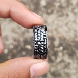 Black Moissanite Mens Wedding Band, Black Full Eternity Band, 4 Row Pave Diamond Anniversary Ring, Promise Ring For Him, Husband Gift