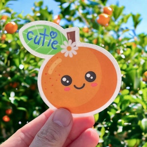 Può includere: Un adesivo arancione carino con un viso sorridente, un fiore bianco e una foglia verde con la parola "cutie" scritta su di esso.