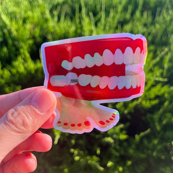 Wind Up Chatter Teeth w/ Feet Holographic Sticker | Retro Toy Sticker | Chatter Teeth SVG