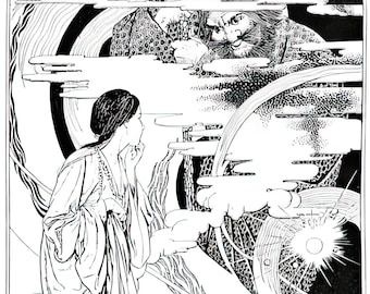 May include: Black and white illustration of a woman in a long robe standing in front of a large, bearded man. The woman is looking up at the man, who is looking down at her. The background is a swirling pattern of clouds and stars.