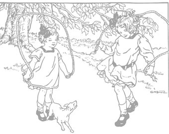May include: Two girls are jumping rope outdoors. One girl is wearing a dress and has a dog by her side. The other girl is wearing a dress and has her hair in a ponytail.
