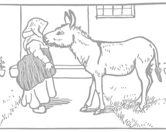 May include: A black and white line drawing of a woman in a long dress and a bonnet talking to a donkey.